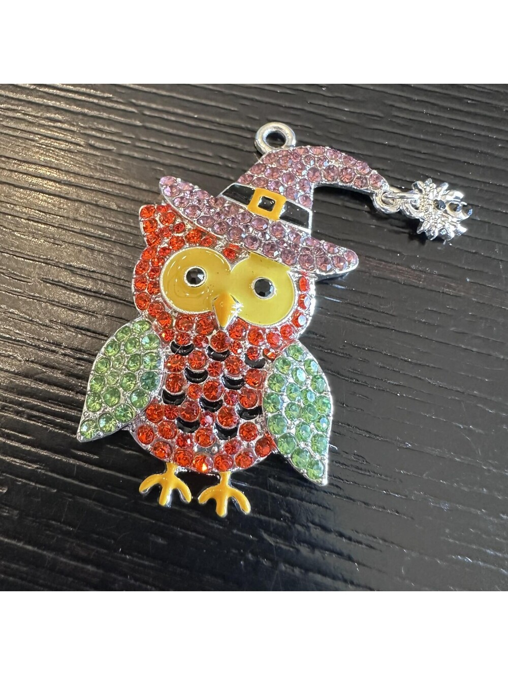 Halloween Rhinestone Owl Silver Tone Witch Hat Spider Dangle Pendant Purple New
